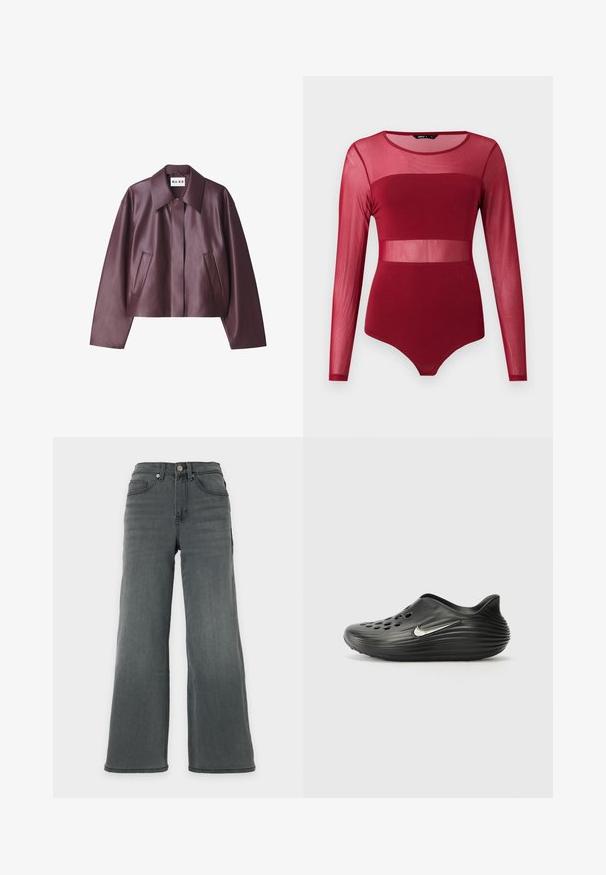 NA-KD Kunstlederjacke - burgundy; Bordeauxroter Langarm-Body mit transparenten Mesh-Einsätzen auf oberer Brust, Taille und Ärmeln, mit rundem Ausschnitt und figurbetontem Design.; Hoch taillierte, weit geschnittene Jeans aus dunkelgrauem Denim mit vorderen Taschen und einem Knopfverschluss vor neutralem Hintergrund.; Schwarze Slipper Clogs mit glatter, strukturierter Oberfläche, mehreren Belüftungsöffnungen und einem silbernen Nike-Logo an der Seite. Abgerundete Rückseite.