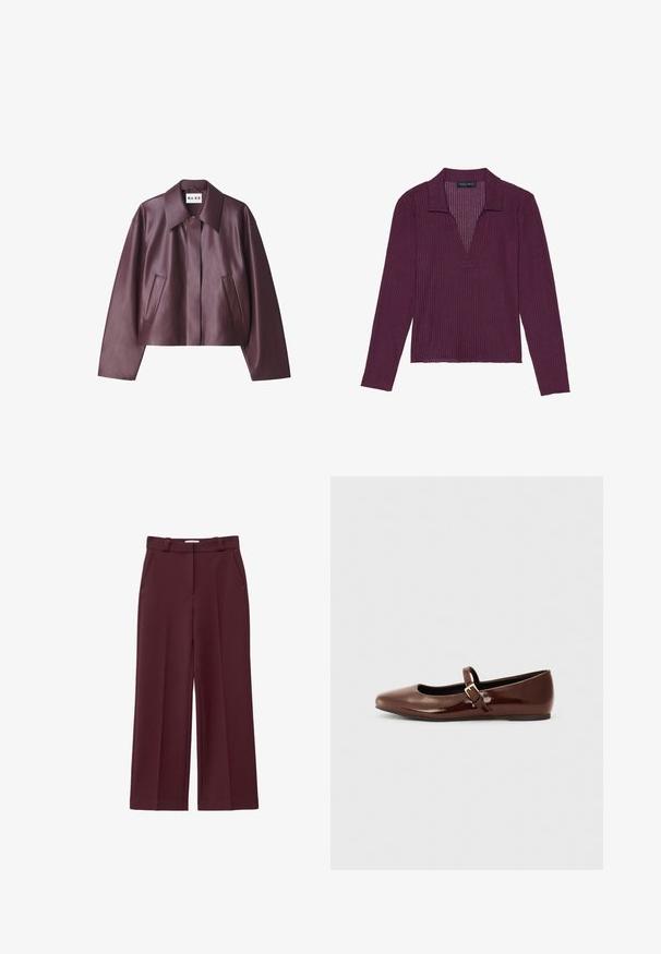 NA-KD Bunda z nepravej kože - burgundy; Dlhý rukáv, top s hlbokým V-výstrihom v tmavo fialovej farbe s rebrovanou textúrou a golierom. Má priliehavý strih a miernu elasticitu.; Bordové široké nohavice z hladkej textúrovanej látky, s dvoma bočnými vreckami a vysokým pásom.; Hnedé lakované baletky s hranatou špičkou a pásikom s malou zlatou prackou. Hladká textúra, nízky podpätok a minimalistický dizajn.