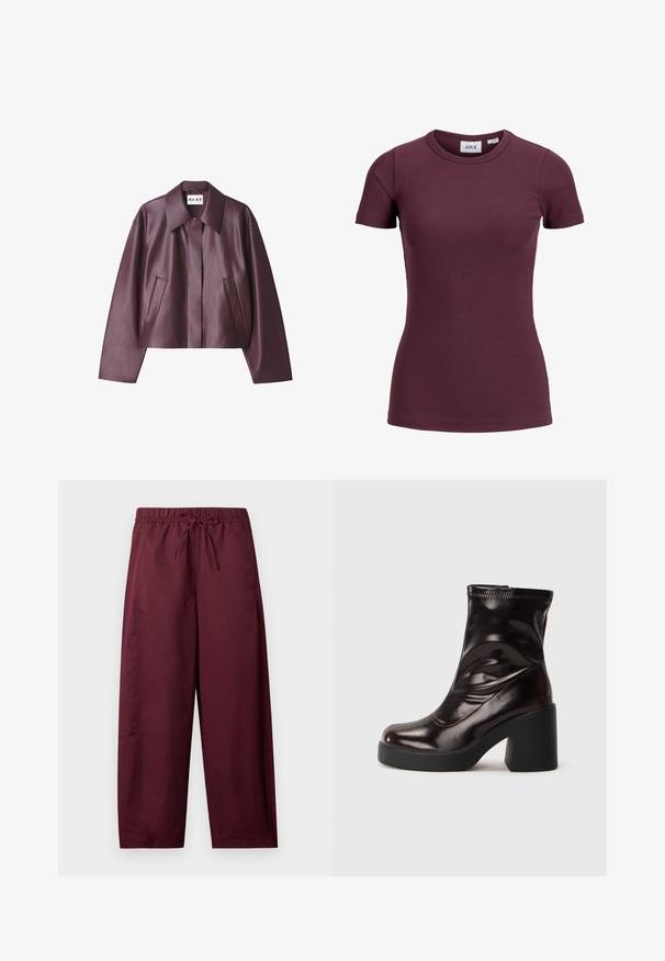 NA-KD Imiteret læderjakke - burgundy; Kortærmet tætsiddende ribbet t-shirt i mørk blommefarve med rund halsudskæring og frontmærke med mærket JJXX og størrelse 5.; Løse vinrøde bukser med elastisk taljebånd og snøre, lige ben, ingen synlige lommer eller mønstre.; Lysende sorte ankelstøvler med kraftig blokhæl og rund tå, glat læderoverdel med diskrete syninger.