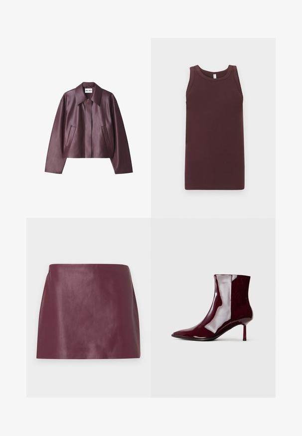 NA-KD Imiteret læderjakke - burgundy; Ærmeløs ribbet tanktop i mørkebrun med rund halsudskæring, lagt fladt mod en lysegrå baggrund.; Miniskirt i glat burgunderlæder med lige snit og uden synlige dekorationer eller lukninger.; Skinnende mørkerød ankelstøvle med spids tå og tynd mellem-højde hæl på en lys ensfarvet baggrund.