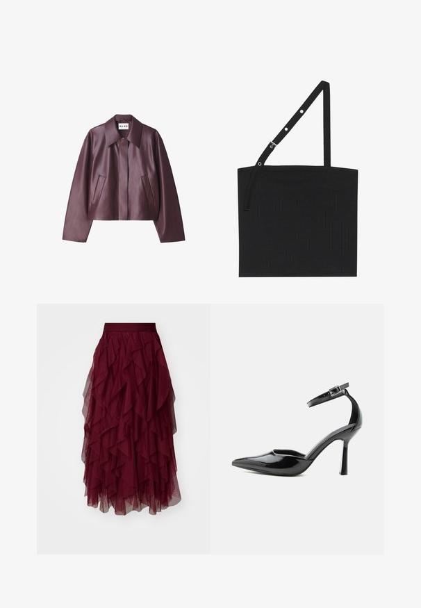 NA-KD Kunstlederjacke - burgundy; Schwarzes, geripptes Tanktop mit einem verstellbaren Träger und Metallbeschlägen. Einfaches Design mit geradem Ausschnitt und glatter Textur.; Burgunder Tüllrock mit mehreren geschichteten Rüschen, einem breiten Taillenbund und einer fließenden Silhouette. Leichter, strukturierter Stoff verbessert die Bewegungsfreiheit.; Schwarzer Lackleder-Pumps mit spitzer Zehenpartie, Knöchelriemen und silberner Schnalle, Stilettoabsatz, Seitenansicht auf einfarbigem Hintergrund.