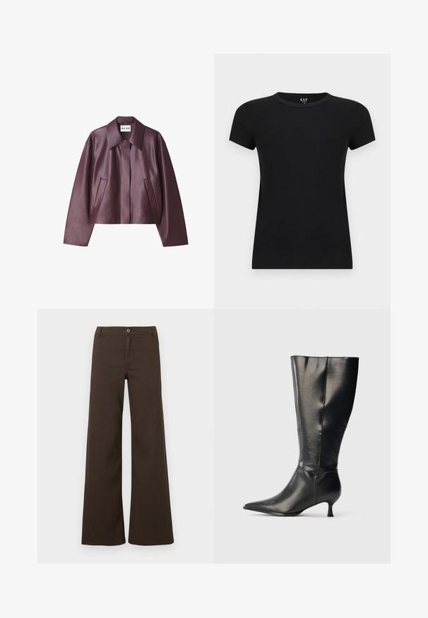 NA-KD Imitatieleren jas - burgundy; Zwart dames T-shirt met korte mouwen en ronde hals, slim fit, afgebeeld tegen een effen lichte achtergrond.; Donkerbruine high-waist wijde broek met knoopsluiting en riemlussen, weergegeven tegen een effen witte achtergrond.; Zwarte leren kniehoge laars met puntige neus en lage kittenhak, weergegeven op een effen lichte achtergrond.