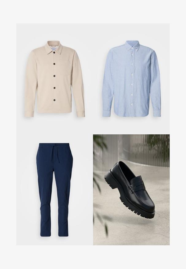 Veste beige à boutons fabriquée dans un tissu doux, avec un col, une poche avant et des boutons noirs. Manches longues avec des poignets cousus.; Chemise à boutons en bleu clair avec des rayures blanches, dotée d'un col classique et de manches longues. Fabriquée en tissu tissé avec une texture lisse.; Pantalons bleu marine en tissu texturé, avec une taille élastique et un cordon de serrage. Présente des jambes fuselées avec des accents cousus au niveau des genoux.; Mocassins en cuir noir avec une semelle à crampons épaisse, dotés d'une sangle décorative et de détails de couture. Texture lisse avec une finition polie.