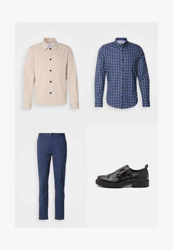 Béžová zapínacia bunda vyrobená z mäkkej látky, s golierom, prednou vreckom a čiernymi gombíkmi. Dlhé rukávy so šitými manžetami.; Scotch & Soda SLIM FIT SHIRT - Košeľa - faded denim; Námornícka modré bavlnené nohavice s úzkym strihom, s gombíkovým zapínaním a čistými líniami; hladká textúra s bočnými vreckami a bez viditeľných vzorov.; Pier One by Zalando Elegantné našuchovačky - black