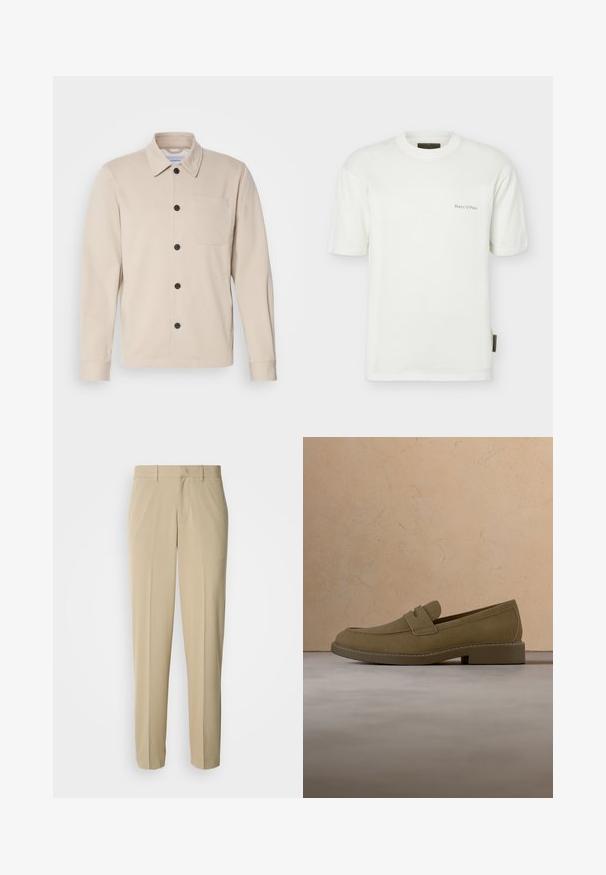 Veste beige à boutons fabriquée dans un tissu doux, avec un col, une poche avant et des boutons noirs. Manches longues avec des poignets cousus.; T-shirt blanc à manches courtes avec col rond, petit texte "Marc O'Polo" sur la poitrine et étiquette en tissu sur la couture latérale gauche.; Pantalon beige à jambes droites, confectionné dans un tissu lisse, avec un devant plat et sans poches ni ornements visibles.; Mocassin en daim marron flottant au-dessus d'un tapis beige texturé dans un salon avec une table basse en bois et des livres empilés.