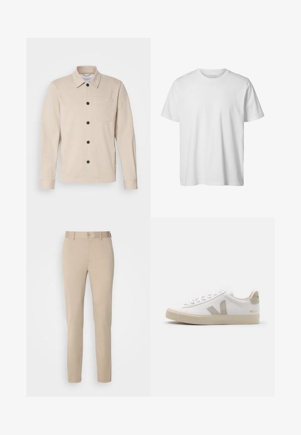 Chaqueta beige de botones, hecha de tejido suave, con cuello, bolsillo frontal y botones negros. Mangas largas con puños cosidos.; Camiseta blanca lisa de manga corta con cuello redondo, corte holgado y sin logos o diseños visibles en el frente.; Pantalones beige de tejido suave, con cierre de botón, corte recto y detalles de dobladillo cosidos. Diseño simple sin patrones.; Zapatillas blancas de cuero con acentos en beige, suela plana de goma, puntera redonda y logotipo contrastante en el lado y la parte trasera. Diseño con cordones.