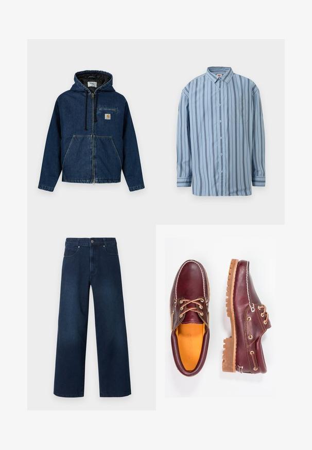 Veste à capuche en denim bleu foncé avec fermeture éclair, poches avant et petite poche poitrine. Comprend une doublure noire et des cordons ajustables.; Chemise bleu clair à manches longues avec des rayures verticales noires et une poche poitrine frontale.; Jean denim bleu foncé à jambes larges avec fermeture avant à bouton et zip, poches avant et arrière, présenté sur fond blanc.; Chaussures en cuir bourgogne avec semelles en caoutchouc marron, bout rond, couture blanche et œillets dorés. L'intérieur présente une doublure jaune.