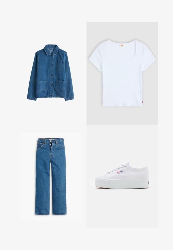 Denim jack met een donkere blauwe kleur, een kraag, een sluiting met knopen aan de voorkant, twee opgestikte zakken en zichtbare stiksels. Glad textuur.; Witte korte mouwtop met een vierkante halslijn, gemaakt van ribbelstructuur stof. Heeft een klein rood logo etiket aan de onderkant aan de linkerkant.; Blauwe denim jeans met rechte pijpen en hoge taille, vijf zakken en een knoopsluiting. Merkbare stiksels en koperen klinknagels.; Witte canvas sneaker met een dikke witte platformzool, ronde neus en metalen oogjes voor veters. Merkl logo aan de zijkant weergegeven.