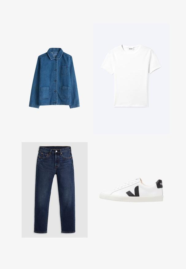 Chaqueta de mezclilla en azul oscuro con cuello, cierre frontal de botones, dos bolsillos de parche y detalles de costura visibles. Textura suave.; Camiseta blanca lisa de manga corta con cuello redondo y una pequeña etiqueta "WEEKDAY" dentro del cuello, mostrada extendida sobre un fondo claro.; Jeans de mezclilla azul oscuro con un diseño de pierna recta. Cuentan con una cremallera con cierre de botón, cinco bolsillos y costuras en contraste.; Zapatilla blanca con un logo en V negro, con una parte superior de cuero liso, puntera redonda, cierre de cordones y una lengüeta en el talón de color negro en contraste.
