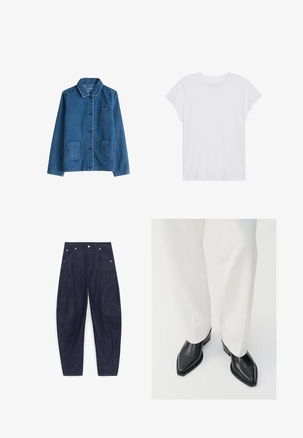 Denim jack met een donkere blauwe kleur, een kraag, een sluiting met knopen aan de voorkant, twee opgestikte zakken en zichtbare stiksels. Glad textuur.; Witte t-shirt met korte mouwen, ronde hals, relaxte pasvorm, gemaakt van zacht katoen. Glad textuur, geen patronen of logo's.; Donkerblauwe spijkerbroek met wijde pijpen, voorzakken, lussen voor een riem en zilveren klinknagels, plat weergegeven op een witte achtergrond.; Zwarte puntige enkellaarzen met een gladde leren afwerking, lage blokhakken, gecombineerd met witte wijde broekspijpen. Eenvoudig en modern design.