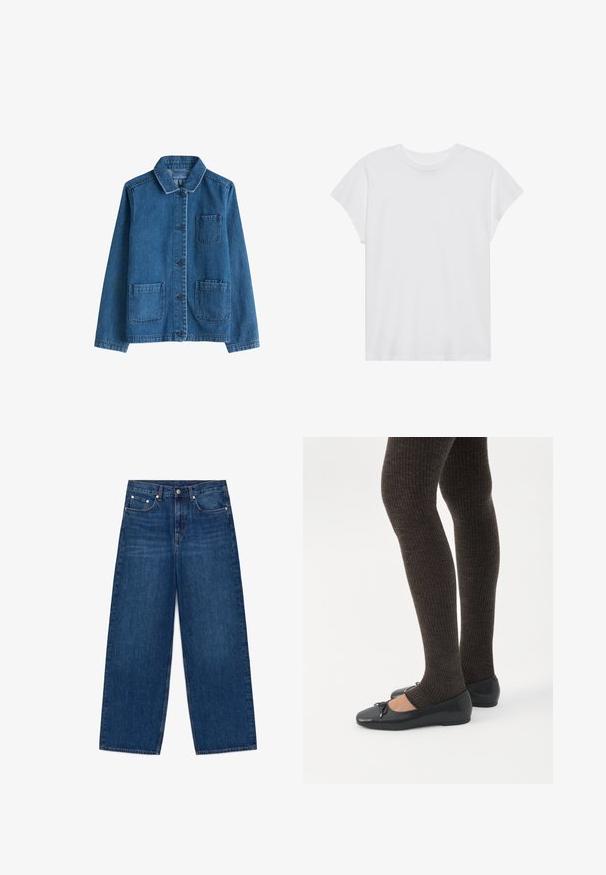 Denim jack met een donkere blauwe kleur, een kraag, een sluiting met knopen aan de voorkant, twee opgestikte zakken en zichtbare stiksels. Glad textuur.; Witte t-shirt met korte mouwen, ronde hals, relaxte pasvorm, gemaakt van zacht katoen. Glad textuur, geen patronen of logo's.; Blauwe wijde spijkerbroek met vijf zakken en knoopsluiting, plat gelegd op een witte achtergrond.; Benen met donkere geribbelde leggings gecombineerd met zwarte ballerina's met kleine strikdetails op een witte achtergrond.