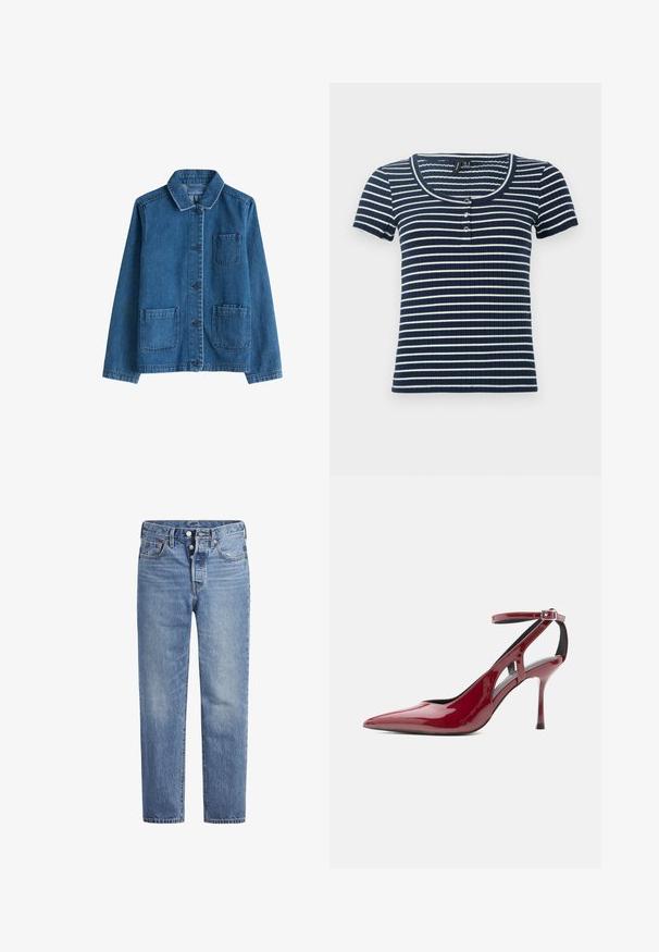Denim jack met een donkere blauwe kleur, een kraag, een sluiting met knopen aan de voorkant, twee opgestikte zakken en zichtbare stiksels. Glad textuur.; Navyblauw en witte gestreepte korte mouwen ribben top met een ronde halslijn en drie knoopsluitingen aan de voorkant. Zachte, aansluitende textuur.; Lichtblauwe spijkerbroek met een rechte snit, vijf zakken en een knoopsluiting. Heeft subtiele vervaging en oranje stikselaccenten.; Rode hooggehakte schoen van lakleer met spitse neus, enkelriem en gespsluiting, zijaanzicht op witte achtergrond.