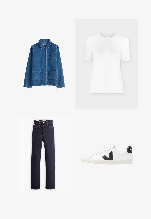 Jeansjakke i mørkeblå med krave, frontknaplukning, to påsyede lommer og synlige syninger. Glat tekstur.; Hvid T-shirt med rund hals, korte ærmer, slank pasform og ribbet stofstruktur, vist på en ensfarvet lys grå baggrund.; Mørkeblå straight-leg denim jeans med fem lommer og synlig orange syning på hvid baggrund.; Hvide sneakers med et sort V-logo, der har en glat læderoverdel, rund tå, snørrelukning og en kontrasterende sort hælflap.