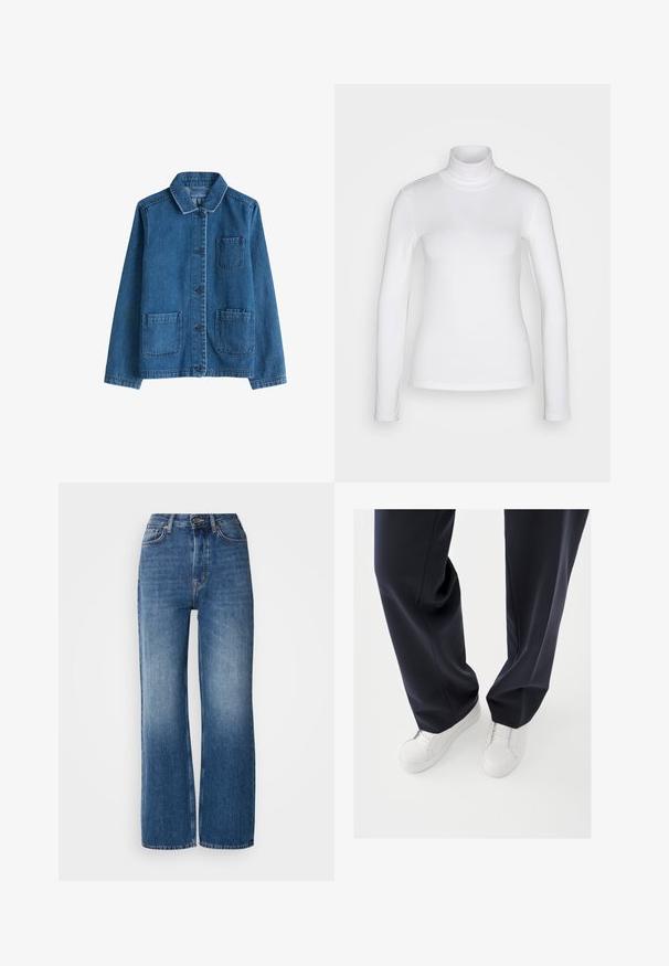 Denim jack met een donkere blauwe kleur, een kraag, een sluiting met knopen aan de voorkant, twee opgestikte zakken en zichtbare stiksels. Glad textuur.; Witte langemouwen turtle neck shirt van een soepel, rekbaar stof. Heeft een strakke pasvorm en een hoge kraag. Geen zichtbare patronen of accenten.; Hoge taille, wijde blauwe denim jeans met een gradient wassing, koperen stiksels, een knoopsluiting aan de voorkant en vijf zakken.; Witte sneakers met gestructureerde rubberen zolen en platte veters, gecombineerd met donkerblauwe broeken die een losse, soepele stof en een getailleerde pasvorm laten zien.