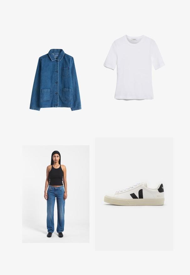Jeansjakke i mørkeblå med krave, frontknaplukning, to påsyede lommer og synlige syninger. Glat tekstur.; Hvid kortærmet t-shirt lavet af ribbet stof. Rund halsudskæring, almindelig pasform og subtile syninger. Ingen mønstre eller grafik.; Kvinde med langt hår iført sort tanktop, blå jeans, sorte sko og sort pandebånd, der står mod en hvid baggrund.; Hvide lædersneakers med sort gummiv V-logo. Tekstureret off-white sål, hvide snørebånd og bagside med brandnavn i sort.