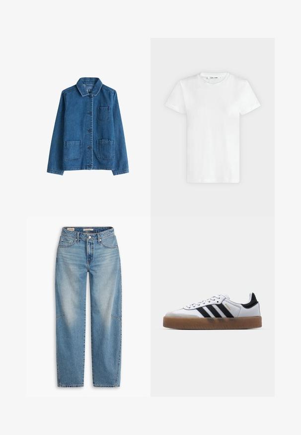 Jeansjakke i mørkeblå med krave, frontknaplukning, to påsyede lommer og synlige syninger. Glat tekstur.; En simpel hvid T-shirt med korte ærmer og rund hals lagt fladt på en lys grå baggrund, hvor forsiden med label inde i halsen vises.; Lyseblå denimjeans med løs pasform, lige ben, knapgylp og fem-lomme-stil med subtile falme- og syningsdetaljer.; Hvide lædersneakers med sorte striber, gummirubber sål, rund tå, snørelukning og blød grå ruskinds tåhætte.