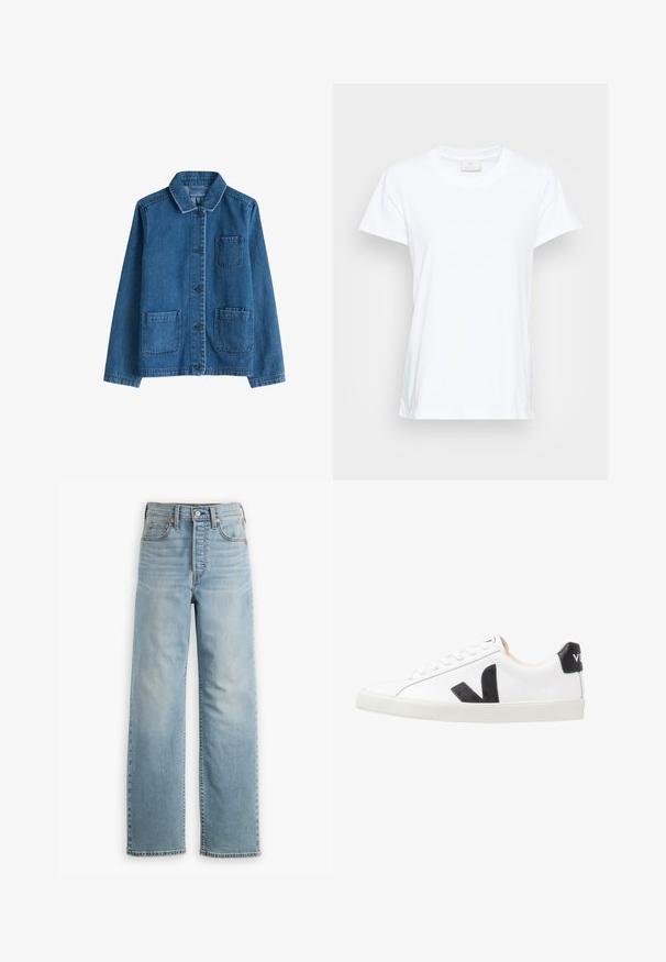 Denim jack met een donkere blauwe kleur, een kraag, een sluiting met knopen aan de voorkant, twee opgestikte zakken en zichtbare stiksels. Glad textuur.; Witte t-shirt met korte mouwen, gemaakt van zachte katoen. Heeft een ronde halslijn en een iets losse pasvorm met zijsplitten voor extra comfort.; Lichtblauwe spijkerbroek met een hoge taille, rechte pijpvorm, vijfzakkenstijl en zichtbare stikseldetails.; Witte sneaker met een zwart V-logo, voorzien van een gladleren bovenwerk, ronde neus, vetersluiting en een contrasterende zwarte hieltab.