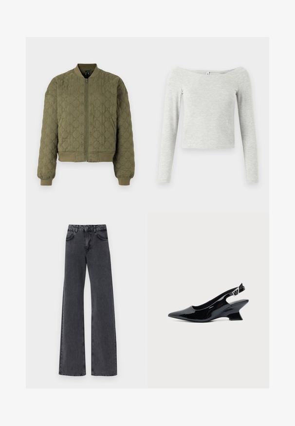 Veste bombers matelassée en vert olive, dotée d'une fermeture éclair sur le devant, de poignets et d'un ourlet côtelés, ainsi qu'un motif fleuri embossé sur le tissu.; Haut gris à manches longues avec un design dénudé des épaules, fabriqué à partir d'un tissu léger et doux, présentant une silhouette simple et épurée.; Jean flare en denim noir avec taille haute, présentant deux poches avant et des détails de couture subtils le long des coutures.; Chaussure slingback en cuir verni noir avec bout pointu et petit talon bloc incliné sur fond clair uni.