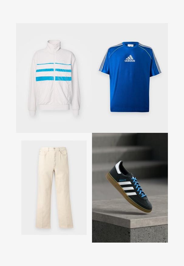 Biela zipová bunda s prešívanou textúrou, s tromi horizontálnymi modrými pruhmi cez hruď. Stojáčikový golier a elastické manžety.; Modré športové tričko Adidas s bielym logom na hrudi, bielymi pruhmi na ramenách a neónovo žltým lemovaním na švových ramenách.; Béžové nohavice s rovnými nohavicami, predné vrecká, pútka na opasok, zapínanie na gombíky a zips, zobrazené na čistom pozadí.; Čierna teniska Adidas s bielymi pruhmi, modrými šnúrkami a gumovou podrážkou, ktorá sa vznáša nad sivým betónovým schodom v mäkkom svetle.