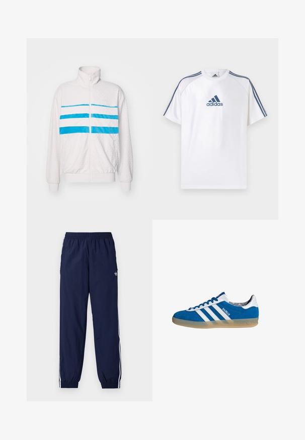 Valkoinen vetoketjullinen takki, jossa on tikattu rakenne, ja rinnassa kolme horisontaalista sinistä raitaa. Pystykolu ja joustavat hihansuut.; Valkoinen Adidas t-paita, jossa on sinisiä korostuksia, lyhyet hihat ja pyöreä kaula-aukko. Edessä sininen Adidas-logo ja olkapäillä kolme raitaa.; Laivastonsiniset verkkarit kevyestä kankaasta, joissa valkoiset raidat sivuilla, joustava vyötärönauha ja pieni logo.; Sinivalkoinen Adidas Gazelle -lenkkari kumipohjalla ja kolmella valkoisella raidalla, sivulta valkoisella taustalla nähtynä.