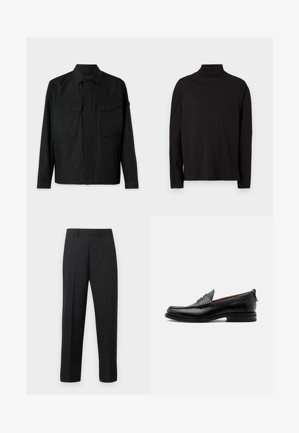 Sort jakke med krave, to brystlommer, sideslidser og lange ærmer. Lavet af et glat, mat stof.; Sort turtleneck langærmet top lavet af blød, glat stof med løs pasform og uden synlige mønstre eller detaljer.; Sorte bukser med lige ben, bæltestropper, frontfold og lynlås på hvid baggrund.; Sort læder herre loafer med moc-tå syning, penny strop, struktureret krave og lav stablet hæl på hvid baggrund.