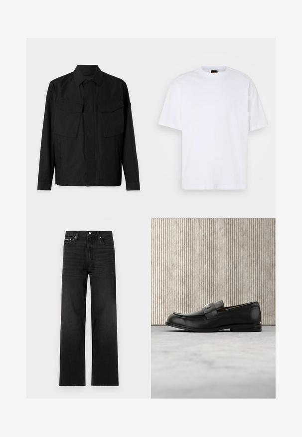 Sort jakke med krave, to brystlommer, sideslidser og lange ærmer. Lavet af et glat, mat stof.; Hvid bomulds T-shirt med rund hals, korte ærmer og en afslappet pasform. Har strukturerede skuldersømme for ekstra detaljer.; Sorte jeans med lige ben, fem-lomme design, bæltestropper og knaplukning, vist på en hvid baggrund.; Sort læderloafer med metalbrandskilt hvilende nær et brunt rundt bord på beige tæppe.