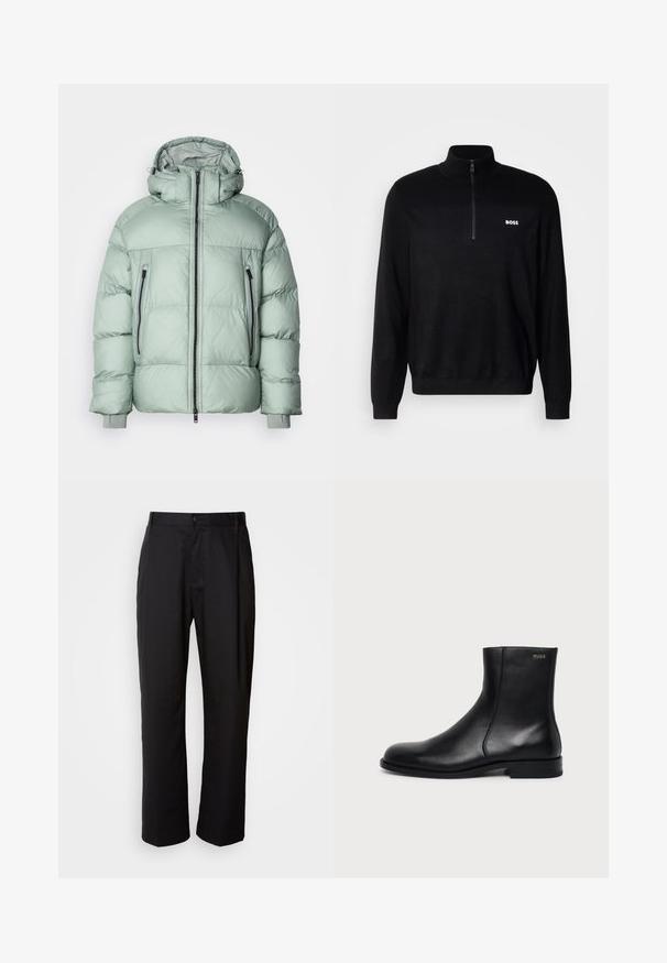 Veste matelassée en vert menthe clair, dotée d'un col montant, d'une fermeture éclair à l'avant et de deux poches latérales avec fermetures éclair noires et poignets élastiques.; Pull-over noir avec un col zippé à mi-longueur, présentant une texture côtelée aux épaules et un petit logo blanc "BOSS" sur la poitrine.; Pantalon noir à coupe droite, en tissu léger. Il dispose d'une fermeture à bouton sur le devant et de deux poches latérales ; texture lisse.; Bottine en cuir noir à talon bas, couture latérale et petit logo "HUGO" sur le revers supérieur sur un fond uni.