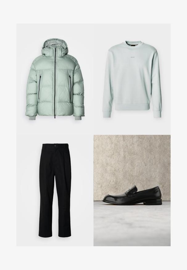Veste matelassée en vert menthe clair, dotée d'un col montant, d'une fermeture éclair à l'avant et de deux poches latérales avec fermetures éclair noires et poignets élastiques.; Sweat-shirt gris clair à col rond avec poignets et ourlet côtelés, petit logo "BOSS" centré sur la poitrine.; Pantalons noirs à jambes droites avec une taille à bouton, passants de ceinture et pli avant, présentés sur un fond blanc uni.; Mocassin en cuir noir avec un accent métallique, présenté en lévitation au-dessus d'un tapis beige, avec une table ronde de couleur ambre en arrière-plan.