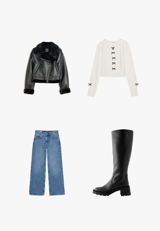 Schwarze Kunstleder-Bikerjacke mit plüschigem Fellkragen, -manschetten und -saum, diagonalem Reißverschluss und zwei Reißverschlusstaschen vorne.; Even&Odd Strickpullover - off-white; Blaue, hoch taillierte, weit geschnittene Jeans aus Denim mit vorderer Knopfleiste, Reißverschluss und Fünf-Taschen-Design.; Schwarze Lederstiefel bis zum Knie mit einem massiven Blockabsatz, elastischen Seitenpaneelen und einer glatten Textur. Ausgestattet mit einer abgerundeten Zehenpartie und einer robusten Sohle.