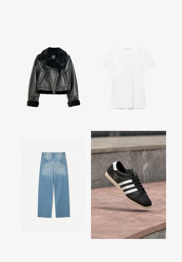 Schwarze Kunstleder-Bikerjacke mit plüschigem Fellkragen, -manschetten und -saum, diagonalem Reißverschluss und zwei Reißverschlusstaschen vorne.; Weißes T-Shirt mit kurzen Ärmeln aus glatter Stoffqualität, mit rundem Ausschnitt und dezenten Nähten am Saum.; Helleblaue Denim-Jeans mit geradem Bein, ausgestattet mit zwei Gesäßtaschen und einer ausgebleichten Textur im oberen Bereich.; Schwarzer Ledersneaker mit weißen Streifen und Sohle, geschnürt, schwebt über einer rosa gefärbten Betontfläche vor einer grauen Steinmauer im Hintergrund.