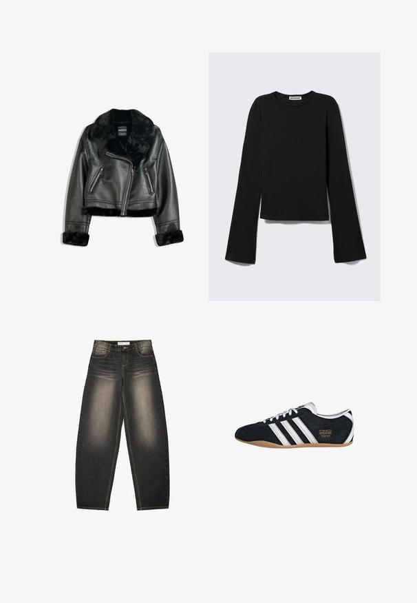 Schwarze Kunstleder-Bikerjacke mit plüschigem Fellkragen, -manschetten und -saum, diagonalem Reißverschluss und zwei Reißverschlusstaschen vorne.; Schwarzes Langarmshirt mit Rundhalsausschnitt, figurbetonter Silhouette und leicht ausgestellten Ärmeln, gekennzeichnet mit einem "Weekday" Markenetikett im Nacken.; Graue Denim-Jeans mit weitem Bein und leichter Ausbleichung, fünf Taschen, kontrastierenden Nähten und einer lockeren Passform. Keine sichtbaren Muster oder Verzierungen.; Schwarze Wildledersneaker mit drei weißen Streifen, goldenem Logo und brauner Gummisohle. Merkmale ein niedrigprofiliertes Schnürdesign.