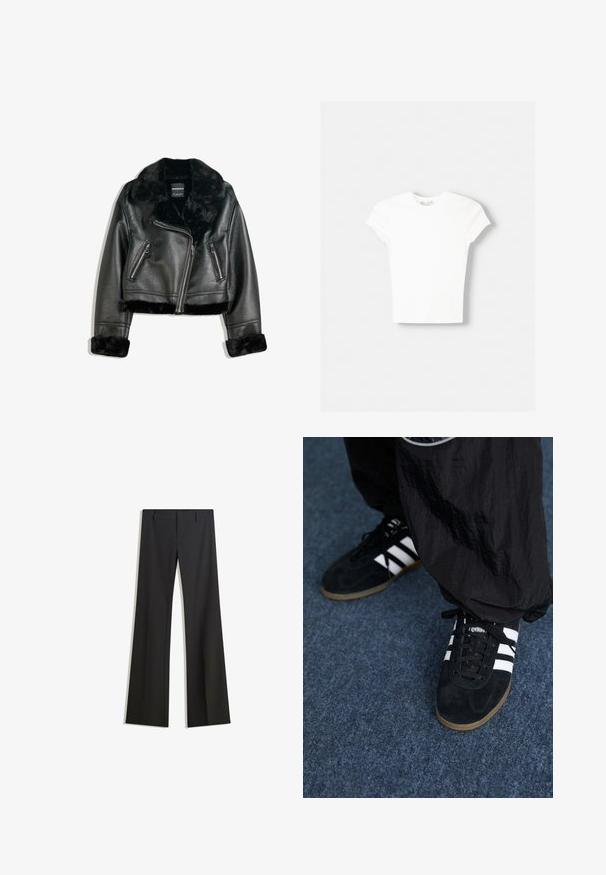 Schwarze Kunstleder-Bikerjacke mit plüschigem Fellkragen, -manschetten und -saum, diagonalem Reißverschluss und zwei Reißverschlusstaschen vorne.; Weißes kurzärmliges T-Shirt aus weicher Baumwolle, mit Rundhalsausschnitt und figurbetonter Form. Keine sichtbaren Muster oder Verzierungen.; Schwarze, ausgestellte Hose mit glatter Textur, mit maßgeschneiderter Passform und Bund. Keine sichtbaren Muster oder Verzierungen.; Schwarze Wildleder-Sportschuhe mit drei weißen Streifen und schwarzen Schnürsenkeln. Eine strukturierte schwarze Hose ist teilweise neben den Schuhen sichtbar.