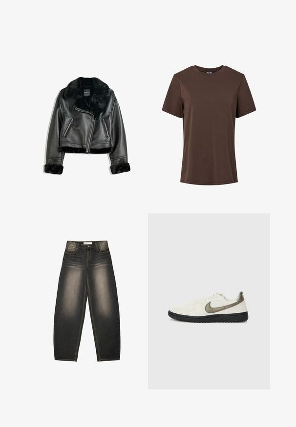 Schwarze Kunstleder-Bikerjacke mit plüschigem Fellkragen, -manschetten und -saum, diagonalem Reißverschluss und zwei Reißverschlusstaschen vorne.; Einfaches braunes Baumwoll-T-Shirt mit kurzen Ärmeln und Rundhalsausschnitt, präsentiert auf weißem Hintergrund.; Graue Denim-Jeans mit weitem Bein und leichter Ausbleichung, fünf Taschen, kontrastierenden Nähten und einer lockeren Passform. Keine sichtbaren Muster oder Verzierungen.; Nike Sportswear FIELD GENERAL - Sneaker low - off-white/black