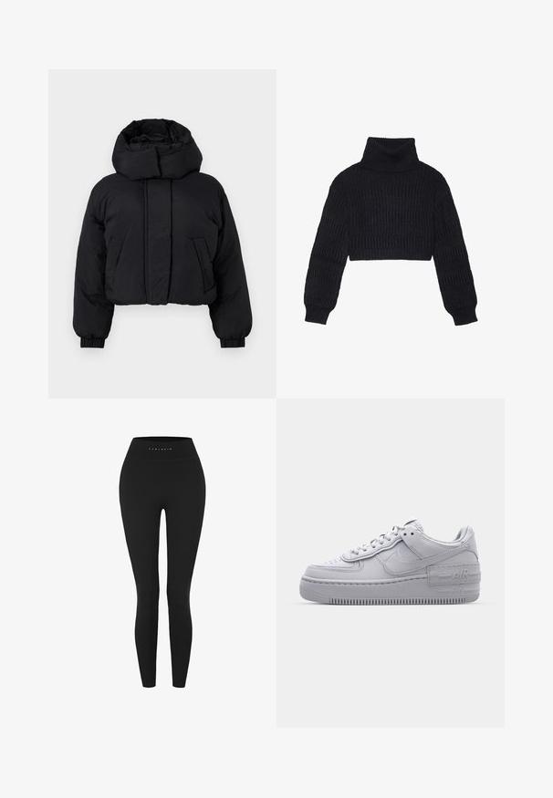 Sort cropped puffer-jakke med høj polstret krave, lange ærmer med elastiske manchetter og to forlommer.; Afklippet sort sweater med høj halsudskæring, der har et struktureret ribbet mønster og lange, puffede ærmer.; Carlheim CARLHEIM - Leggings - black; Grå Nike Air Force 1 sneakers med perforeret tå, glat læderoverdel, tyk sål og præget 'AIR' detalje på hælen.