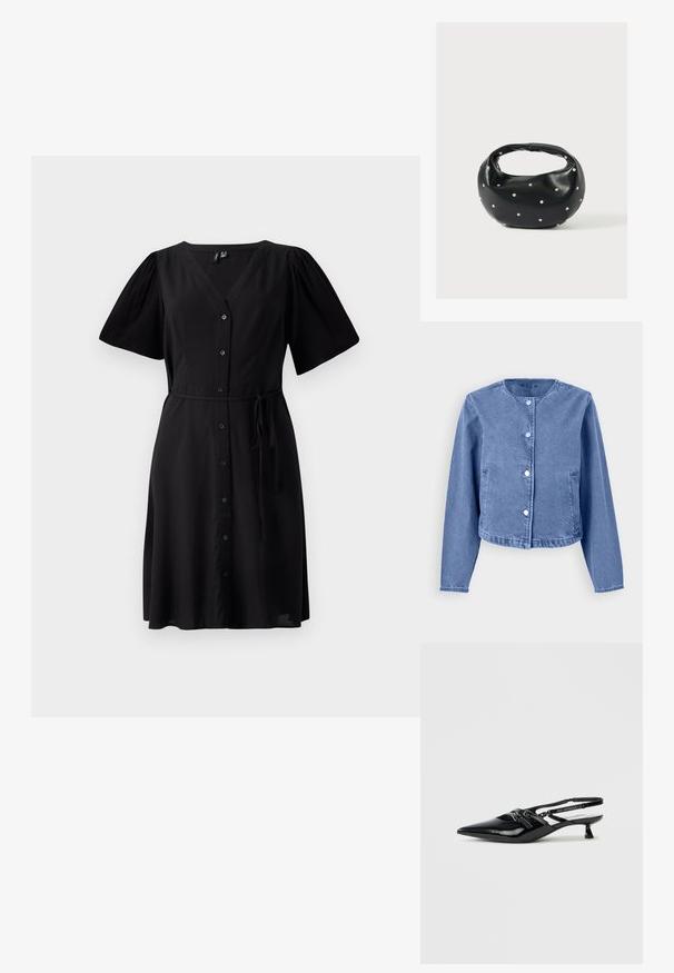 Lyseblå denimjakke med rund halsudskæring, lange ærmer, fem trykknapper og sidelommer. Glat tekstur med et afslappet design.; Sort kjole med V-udskæring, korte puffede ærmer, knaplukning foran og bælte i taljen. Glat stof og knælængde design.; Sort laklæder slingback-sko med spids tå, lille blokhæl og justerbar rem med udskæringsdetaljer og logoaccenter.; Sort læderhåndtaske med en rundet form, dekoreret med sølvnitter, og et kort håndtag. Glat tekstur og lynlåslukning.