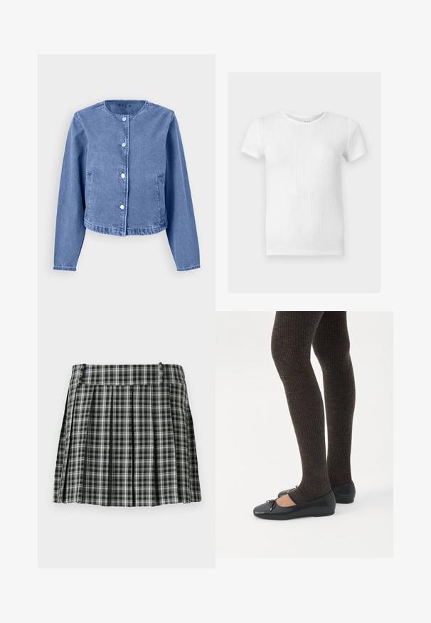 Lyseblå denimjakke med rund halsudskæring, lange ærmer, fem trykknapper og sidelommer. Glat tekstur med et afslappet design.; Hvid kortærmet, ribstrikket T-shirt med rund halsudskæring og subtile lodrette teksturmønstre.; Sort-hvidt ternet plisseret nederdel med en glat talje og flere lodrette folder. Fremstillet af let stof.; Ben iført mørke ribbede leggings kombineret med sorte balletsko med små sløjfedetaljer på hvid baggrund.