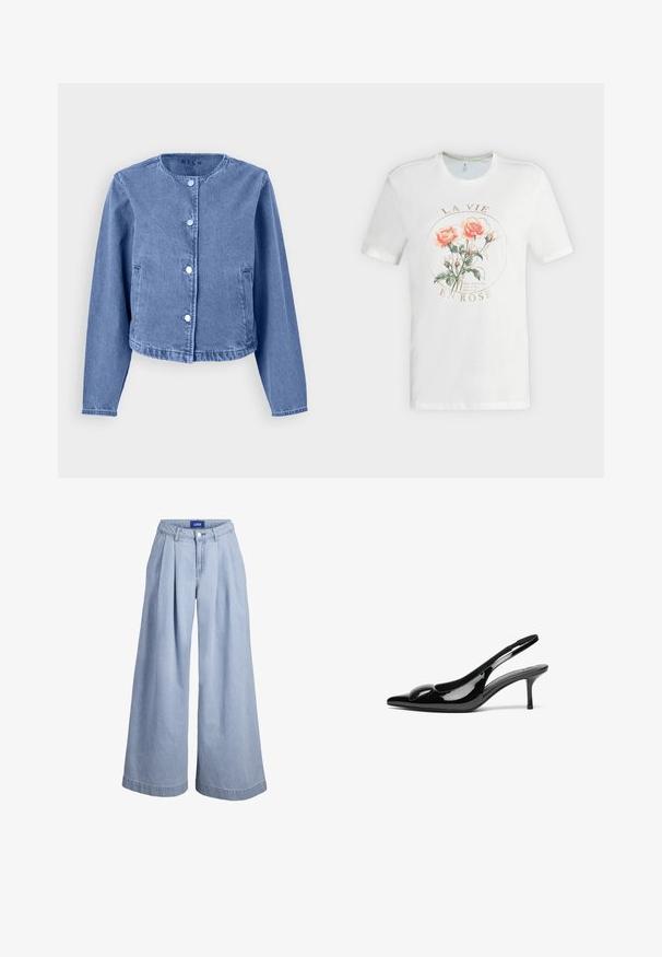 Lyseblå denimjakke med rund halsudskæring, lange ærmer, fem trykknapper og sidelommer. Glat tekstur med et afslappet design.; Hvid T-shirt med korte ærmer og rund hals med grafik af to pink roser og grønne blade indrammet af en cirkel og teksten "La Vie en Rose."; Lyseblå vidde jeansbukser med læg foran, knaplukning og JJXX-mærke på det indvendige linning.; Sorte laklæder slingback hæle med spidse tæer og en blank finish. Har en slank hæl og en rund detalje ved vampen.