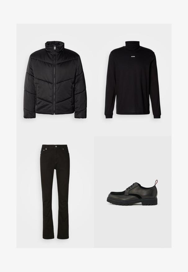 Veste matelassée noire avec col montant, fermeture éclair, motifs de quilting diagonaux et poches latérales avec détails zippés.; T-shirt à col roulé noir à manches longues en tissu lisse, avec un logo "HUGO" blanc sur la poitrine, doté de poignets et d'un ourlet ajustés.; Jeans en denim noir au design droit, avec poches avant, braguette zippée et accents en métal argenté. Texture lisse, sans motifs.; Chaussure noire en cuir à lacets avec semelle épaisse crantée et languette rouge à l'arrière, vue de profil sur un fond gris clair.