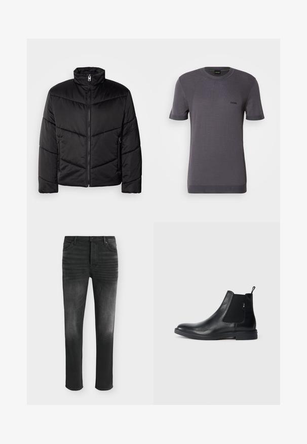 Chaqueta acolchada negra con cuello alto, cierre de cremallera, patrones de acolchado diagonales y bolsillos laterales con detalles de cremallera.; Camiseta de punto gris de manga corta con cuello redondo, que presenta sutiles detalles acanalados y un pequeño logo negro en el pecho. Textura de tela suave.; Vaqueros negros de corte ajustado con detalles desgastados, estilo de cinco bolsillos y cierre con botón en la cintura.; Botines Chelsea de cuero negro con paneles elásticos laterales, una pestaña para tirar y una suela de goma plana. Textura suave con un detalle mínimo.