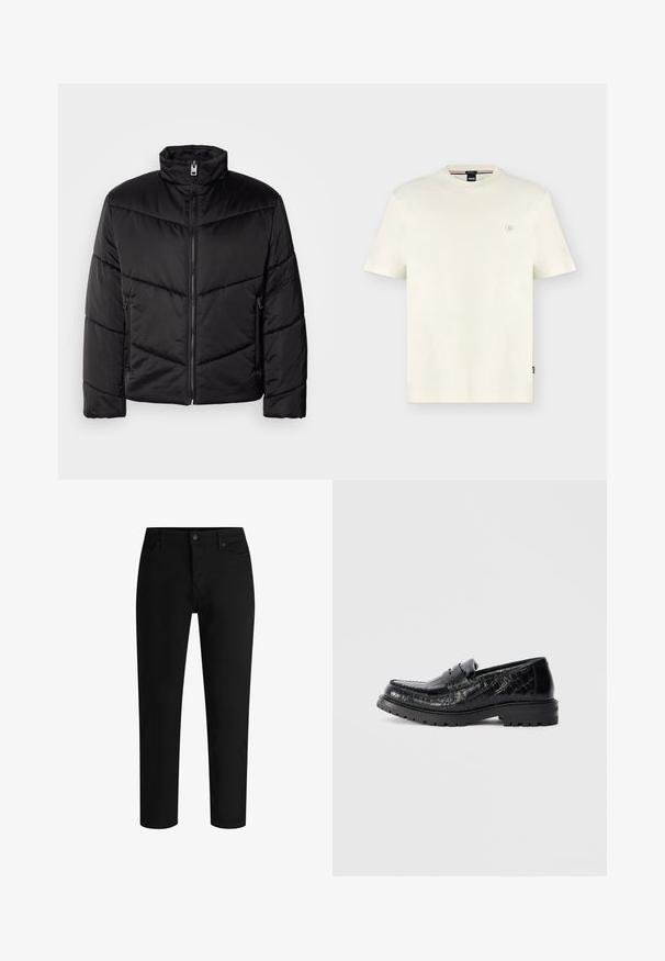 Veste matelassée noire avec col montant, fermeture éclair, motifs de quilting diagonaux et poches latérales avec détails zippés.; T-shirt blanc uni à manches courtes et col rond avec un petit logo circulaire sur la poitrine gauche et une étiquette noire sur la couture latérale.; Pantalon noir à jambes droites avec fermeture avant par bouton et fermeture éclair, passants de ceinture et poches avant.; Mocassin en cuir texturé crocodile noir avec semelle épaisse et bandeau sur le dessus, vue de côté, isolé sur fond gris clair.