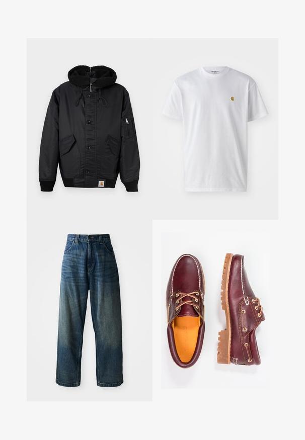Veste noire avec une capuche doublée en polaire, fermeture à boutons sur le devant, deux grandes poches latérales et une poche zippée supplémentaire sur la manche.; T-shirt en coton blanc à manches courtes, col rond, avec un petit logo doré sur la poitrine gauche. Texture douce et coupe régulière.; Jean en denim bleu taille large avec une finition délavée. Comprend cinq poches, une fermeture à bouton et des coutures contrastées. Tissu de poids lourd.; Chaussures en cuir bourgogne avec semelles en caoutchouc marron, bout rond, couture blanche et œillets dorés. L'intérieur présente une doublure jaune.