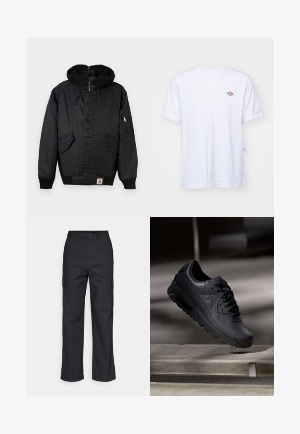 Veste noire avec une capuche doublée en polaire, fermeture à boutons sur le devant, deux grandes poches latérales et une poche zippée supplémentaire sur la manche.; T-shirt en coton blanc avec un col en V et des manches courtes. Présente un petit logo coloré brodé sur la poitrine gauche. Texture douce.; Pantalons cargo noirs avec une coupe droite, dotés de poches latérales et d'un tissu texturé. Fermeture par bouton à la taille pour un maintien sécurisé.; Baskets noirs Nike Air Max avec un dessus en cuir texturé, semelle en caoutchouc et un système de laçage proéminent, mettant en avant un design moderne et épuré.