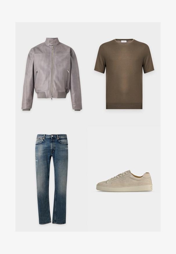 Veste en cuir gris clair avec fermeture éclair à l'avant, col montant, deux poches latérales zippées, poignets et ourlet côtelés.; Pull en maille vert olive à manches courtes avec encolure ronde et ourlet côtelé, présenté sur fond blanc uni.; Jean en denim bleu délavé à coupe droite, avec fermeture avant par bouton et zip, poches avant et arrière, et détails subtilement usés.; Baskets basses beiges en daim avec fermeture lacée et semelle épaisse en caoutchouc, vues de profil sur fond blanc uni.
