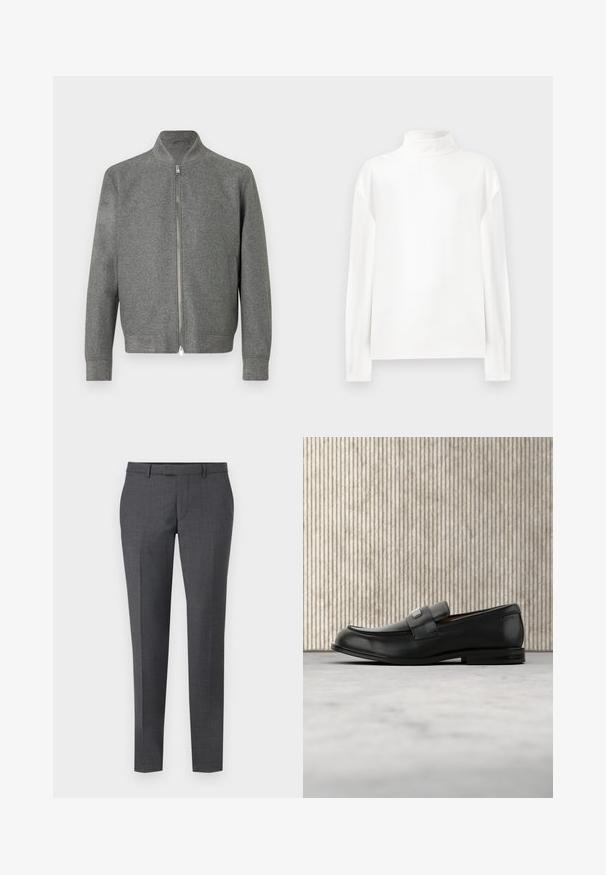 Herregrå zip-up sweater med lange ærmer og en kort stå-up krave, vist fladt på en hvid baggrund.; Hvid langærmet turtleneck top med en glat tekstur, der har en høj halsudskæring og drop skuldersømme for en afslappet pasform.; Grå skræddersyede bukser med en glat tekstur, lige pasform, flad front og bæltesløjfer. Har et subtilt ternet mønster og en kant ned foran.; Sort læderloafer med metalbrandskilt hvilende nær et brunt rundt bord på beige tæppe.