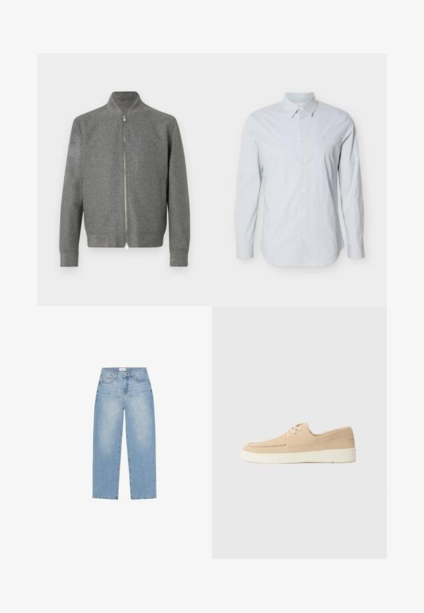 Männlicher grauer Zip-Up-Pullover mit langen Ärmeln und einem kurzen Stehkragen, flach vor einem weißen Hintergrund präsentiert.; Hellblau gestreiftes Langarmhemd aus Baumwolle. Verfügt über einen klassischen Kragen, eine Knopfleiste vorne und verstellbare Manschetten. Dezentes Logo auf der Brust.; Hellblaue Jeans aus Denim mit geradem Bein, fünf Taschen, Reißverschluss und leicht verblasstem Finish.; Beige Wildlederschuhe mit Schnürung und einer weißen Gummisohle. Sie verfügen über ein gesticktes Design und einen niedrigen Schnitt, was einen einfachen, minimalistischen Stil ergibt.