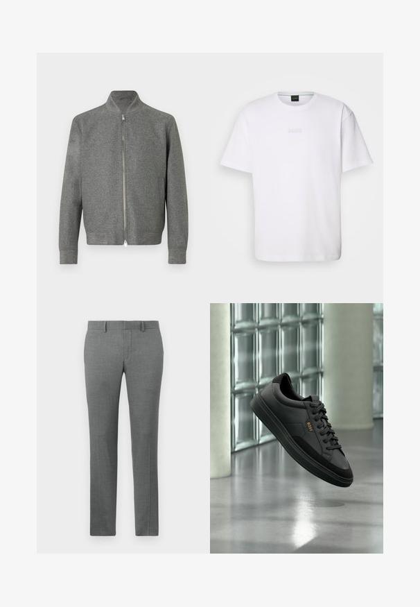 Sweater zippé gris pour homme avec manches longues et un col montant court, présenté à plat sur un fond blanc.; T-shirt en coton blanc à manches courtes, col rond, avec un logo « BOSS » en relief sur la poitrine. Texture lisse, coupe standard.; Pantalons gris ajustés avec une texture lisse, design à jambe droite, passants de ceinture et un motif chevron subtil sur l'ensemble.; Sneaker basse en cuir noir avec lacets noirs et logo "BOSS" doré, affichée en suspension devant un mur en blocs de verre et un sol gris.