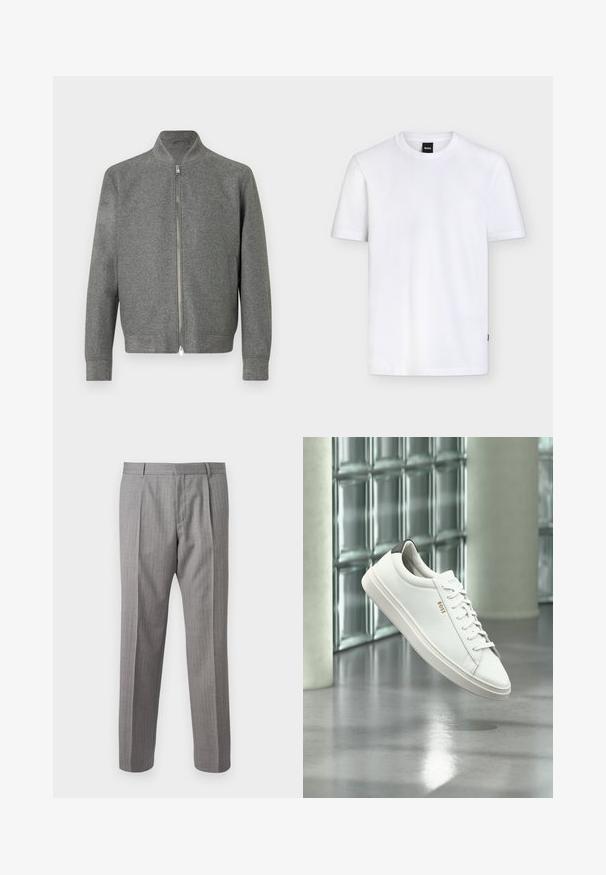 Grijze vest voor heren met rits, lange mouwen en een korte opstaand kraag, plat weergegeven tegen een witte achtergrond.; Effen wit T-shirt met korte mouwen en ronde hals, met een klein zwart merklabel aan de kraag en subtiele textuur in de stof.; Grijze, gestreepte broek met een getailleerde pasvorm, voorzien van voorplooien, riemlussen en een soepele textuur. Rechtoe rechtaan pijpen, nette boorden.; Witte leren lage sneaker met veters, zwarte hielstrook en "BOSS"-logo, zwevend binnenshuis bij een glazen stenen muur en gepolijste vloer.
