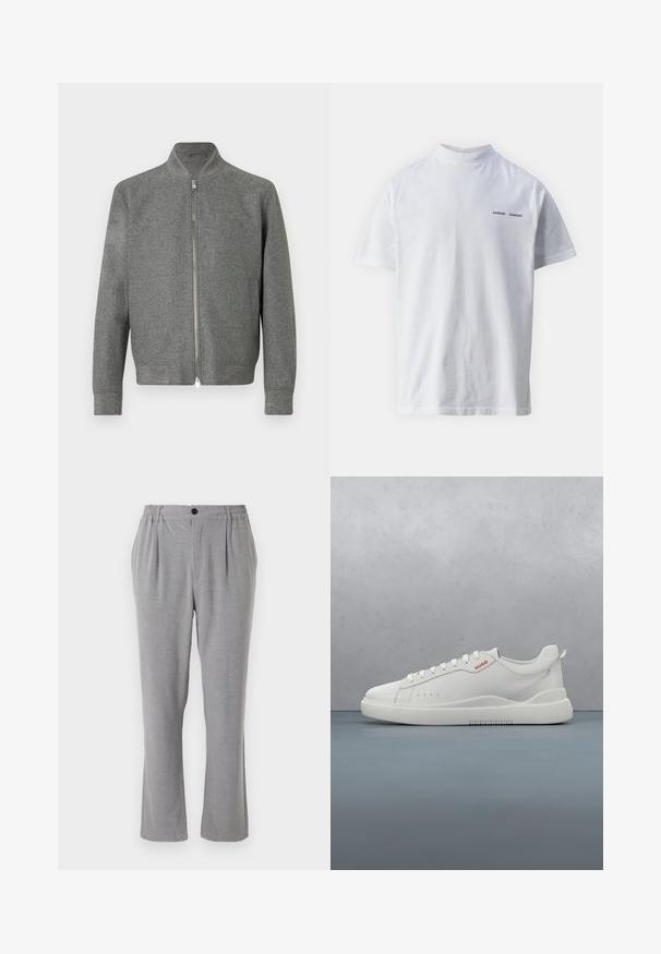 Herregrå zip-up sweater med lange ærmer og en kort stå-up krave, vist fladt på en hvid baggrund.; Hvid bomulds t-shirt med høj halsudskæring og korte ærmer. Har "SAMSØE SAMSØE" logo i sort på forsiden. Glat tekstur.; Grå bukser med et tekstureret stof, der har en knaplukning og elastisk talje. Lige ben-design med sidelæg.; Hvide sneakers med en glat læderfinish, rund tå, fire snørehuller, subtile perforeringer og en rød logo detalje på siden.