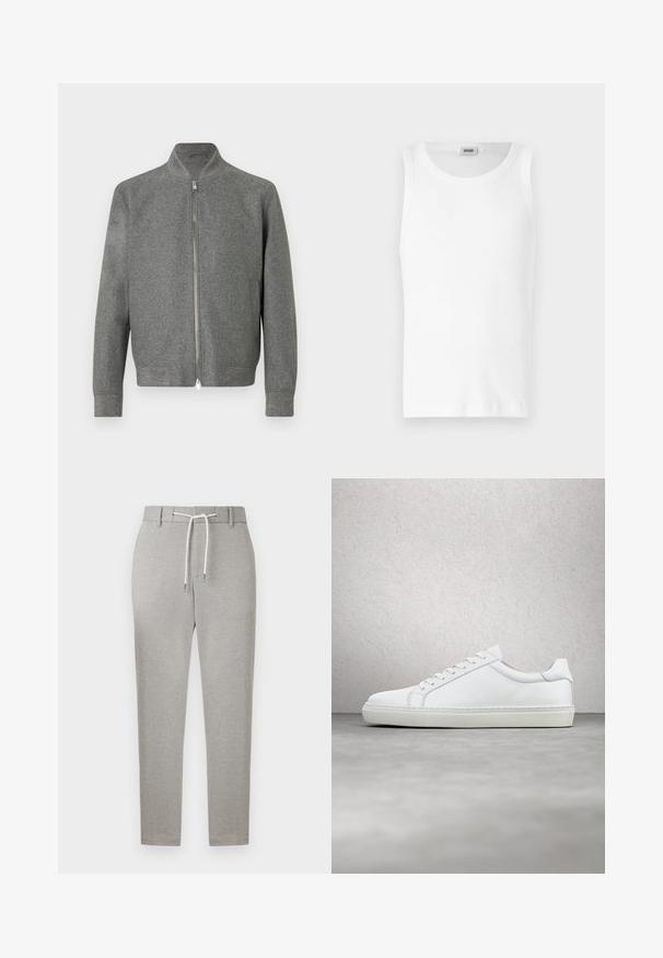 Herregrå zip-up sweater med lange ærmer og en kort stå-up krave, vist fladt på en hvid baggrund.; Hvid bomulds tanktop uden ærmer med rund halsudskæring og en glat tekstur. Enkel design, ingen mønstre eller accenter.; Lysegrå slim-fit bukser med bæltestropper og en hvid snor til at binde i taljen, vist på en ensfarvet baggrund.; Hvide sneakers med en glat læderoverdel og lav profil. Har en rund tå, seks snørehuller og en tekstureret gummisål.