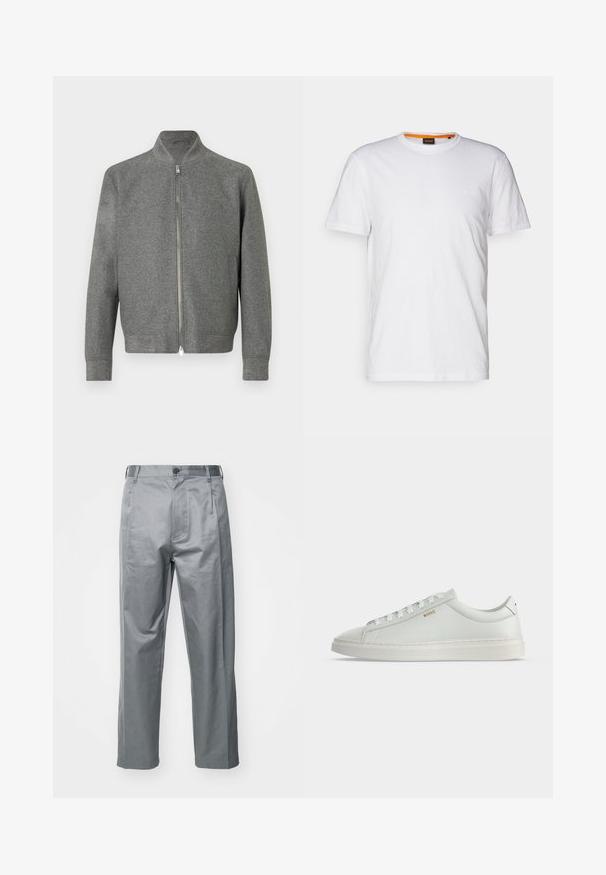 Herregrå zip-up sweater med lange ærmer og en kort stå-up krave, vist fladt på en hvid baggrund.; Hvid bomulds T-shirt med rund hals, korte ærmer og et subtilt præget logo på brystet. Indvendigt mærke har en orange detalje.; Grå bomuldsblandede bukser med lige ben-design, der har en frontknaplukning, bæltestropper og sidelommer.; Hvid lavtop lædersneakers med snørebånd, flad sål og lille gyldent "BOSS" logo på siden, set fra ydersiden.
